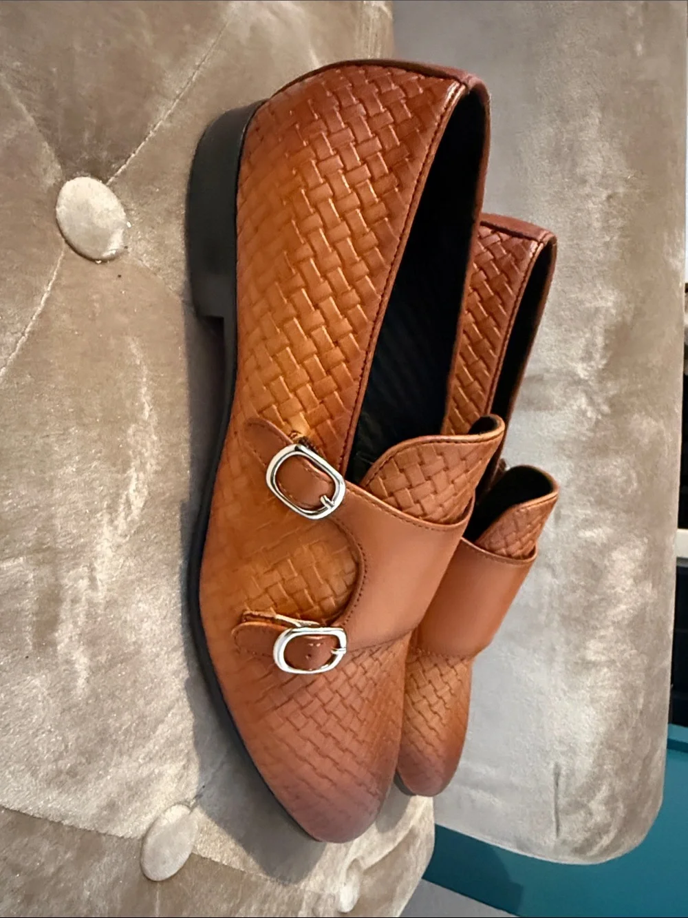 Men's Tan Woven Double Monk Strap Loafers